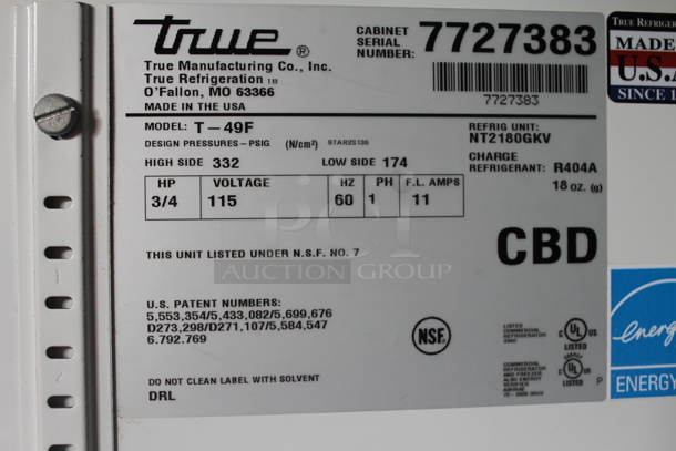 2013 True T-49F ENERGY STAR Stainless Steel Commercial 2 Door Reach In Freezer w/ Poly Coated Racks on Commercial Casters. 115 Volts, 1 Phase. Tested and Working! - Image 8 of 8