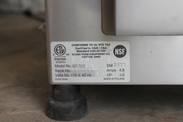 BRAND NEW SCRATCH AND DENT! Globe Chefmate GC512 Stainless Steel Commercial Countertop 12" Manual Gravity Feed Slicer w/ Blade Sharpener. 115 Volts, 1 Phase. Tested and Working! - Image 2 of 4