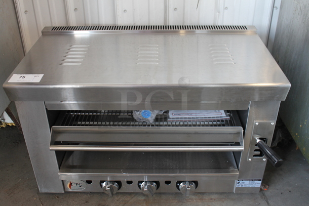 BRAND NEW SCRATCH AND DENT! 2022 Cooking Performance Group CPG 351S36SBN Stainless Steel Commercial Natural Gas Powered Salamander Broiler Cheese Melter. 36,000 BTU.