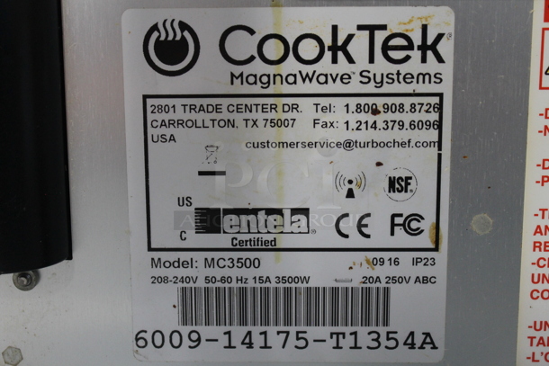 2016 CookTek MC3500 Stainless Steel Commercial Countertop Electric Powered Single Burner Induction Range. 120 Volts, 1 Phase.
 - Image 7 of 7