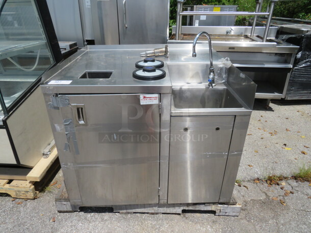 One Stainless Steel Drink Table With Sink, Faucet, 2 Spring Loaded Cup Dispensers, And 6X6 Trash Hole.  40X35X32