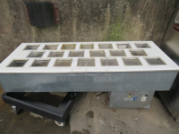One Working Vollrath Drop In Refrigerated Cold Well With Adapter Plate With 20-1/6 Size Food Containers. 120 Volt. Model# 36436. 68X26X25.  - Image 1 of 2