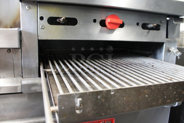 Vulcan Stainless Steel Commercial Natural Gas Powered 6 Burner Range w/ Flat Top, 2 Ovens, Over Shelf and Back Splash.  - Image 10 of 11