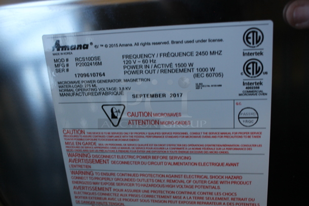 2017 Amana RCS10DSE Stainless Steel Commercial Countertop Microwave Oven. 120 Volts, 1 Phase.  - Image 5 of 5