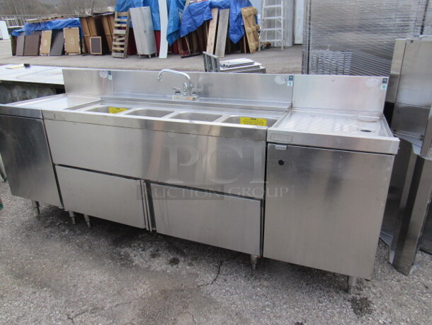 One Stainless Steel PERLICK 3 Well Bar Sink With Faucet, Back Splash, And R/L Drain Table With Under Storage. 84X24X36 - Image 2 of 3