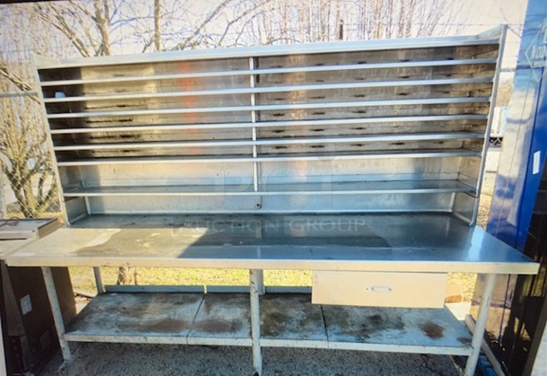 One Stainless Steel Table With SS Under Shelf, Multiple SS Over Shelves, And 1 Drawer. 96X37X72