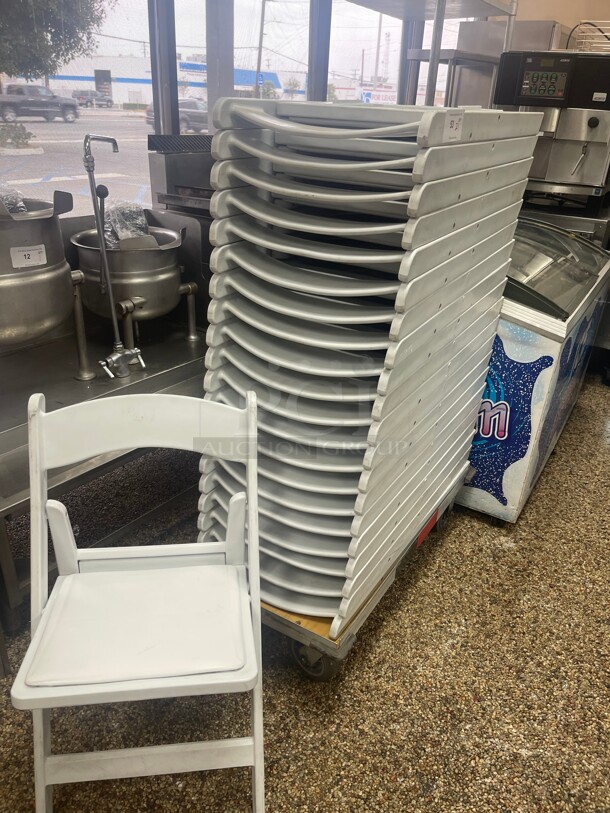 Clean! Commercial Heavy Duty Folding Chairs White Color With Moving Cart On Casters Great for Parties and Catering!
