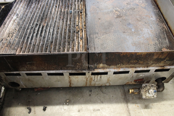Castle Stainless Steel Commercial Natural Gas Powered Countertop Flat Top Griddle w/ Right Side Charbroiler. - Image 11 of 12