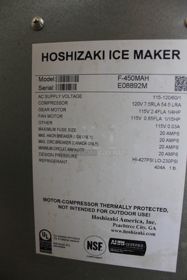 BRAND NEW! 2016 Hoshizaki F-450MAH Stainless Steel Commercial Ice Machine Head. 115-120 Volts, 1 Phase.  - Image 7 of 10