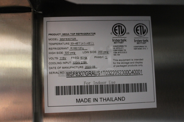 BRAND NEW! 2022 Atosa MSF8307GR Stainless Steel Commercial Sandwich Salad Prep Table Bain Marie Mega Top w/ Stainless Steel 1/6 Size Drop In Bins on Commercial Casters. 115 Volts, 1 Phase. Tested and Working! - Image 10 of 11