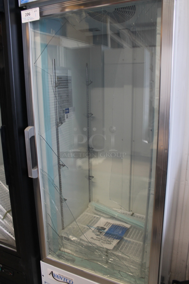 BRAND NEW SCRATCH AND DENT! 2023 Avantco 178GDC12FHCW Metal Commercial Single Door Reach In Freezer Merchandiser w/ Poly Coated Racks on Commercial Casters. See Pictures For Broken Glass and Bottom Dent. 115 Volts, 1 Phase. Tested and Working! - Image 2 of 6