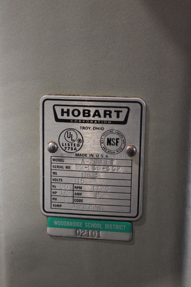 Hobart A-200FT Metal Commercial Floor Style 20 Quart Planetary Dough Mixer w/ Stainless Steel Mixing Bowl and Dough Hook. 115 Volts, 1 Phase. Tested and Working! - Image 7 of 8