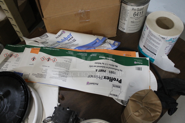 Wood Pattern Desk w/ Contents Including Liquid Roof, Liquid Rubber and Blue Magic Catalyst. - Image 9 of 10