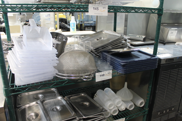 ALL ONE MONEY! Tier Lot of Various Items Including Stainless Steel Drop In Bin Lids, Container Lids, Strainers and Poly Bins
