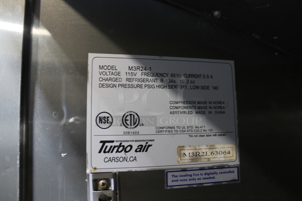 Turbo Air M3R24-1 Stainless Steel Commercial Single Door Reach In Cooler w/ Poly Coated Racks on Commercial Casters. 115 Volts, 1 Phase. Tested and Powers On But Does Not Get Cold - Image 4 of 4