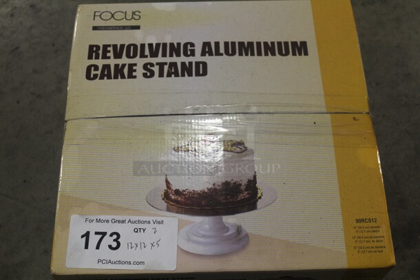 NEW IN BOX! 2 Revolving Aluminum Cake Stands. 12x12x5. 2X Your Bid! 