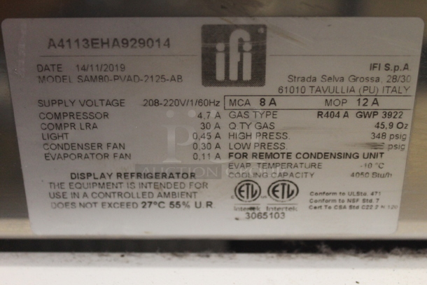 2019 IFI SAM80-PVAD-2125-AB Stainless Steel Commercial Floor Style Freezer Display Case Merchandiser. Picture of Unit Before Removal Is Used As Gallery Picture; See Subsequent Pictures For The Portion of the Display Case That This Lot Is. 208-220 Volts, 1 Phase. - Image 8 of 8