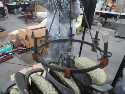 One Round Wooden/Metal 6 Bulb Pendant Light Fixture. 