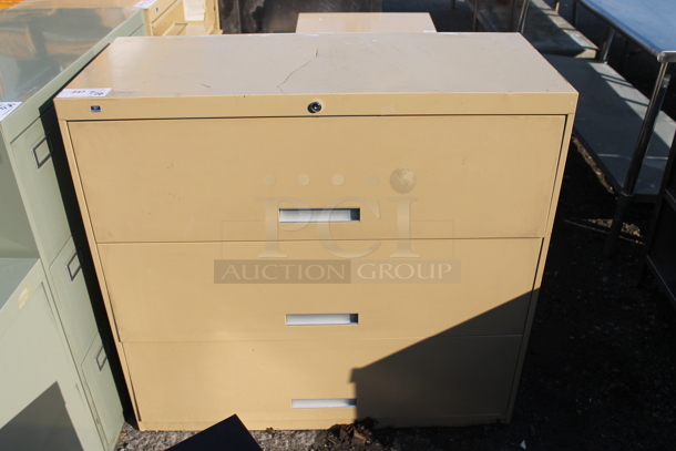 Tan Metal 3 Drawer Filing Cabinet. - Image 1 of 3
