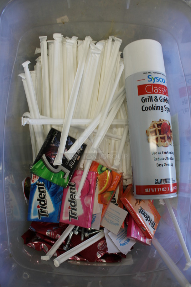 ALL ONE MONEY! Lot of Various Items Including Straws, Gum and Cooking Spray in Clear Bin!