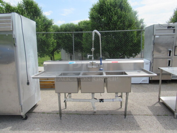 One Stainless Steel 3 Compartment Sink With R/L Drain Boards, Faucet And Hose Sprayer. 94X30X46