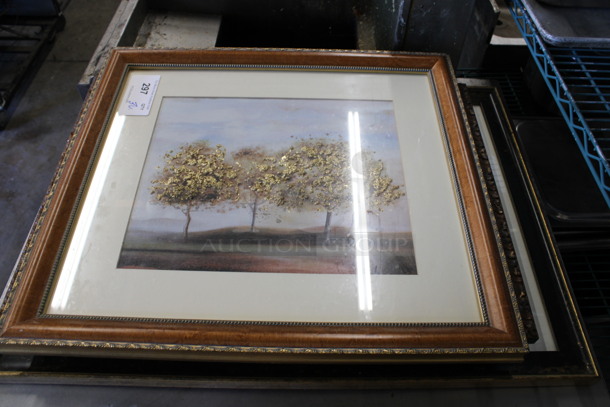 3 Various Framed Pictures; Trees, Tables and Steam Boat. Includes 24x1.5x22. 3 Times Your Bid!