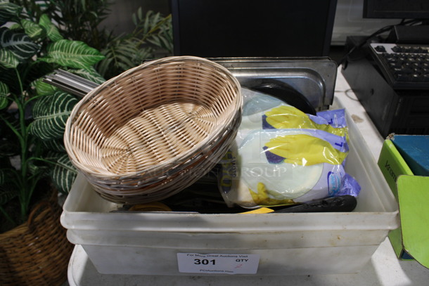 ALL ONE MONEY! Lot of Various Items Including Bread Baskets, Utensils, Gloves in Poly Bin!