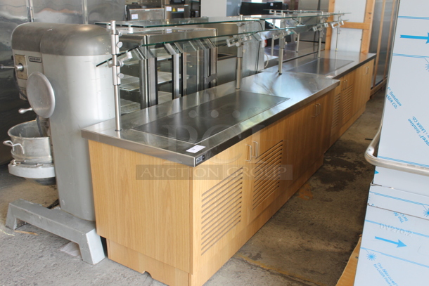 BRAND NEW! Hatco M7JP-0029-IAA-072 Commercial Electric Hot And Cold Serving Station With 2 Glass Overshelfs, Steel Counter and 4 Door Base Cabinet In Wood Style Finish. 115V, 1 Phase. Tested and Working!