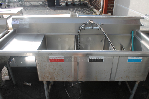 Duke Stainless Steel Commercial 3 Bay Sink w/ Left Side Drain Board, Spray Nozzle, Faucet and Handles. - Image 1 of 3