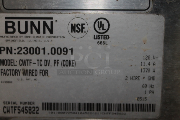 2015 Bunn CWTF-TC DV Stainless Steel Commercial Countertop Coffee Machine w/ Hot Water Dispenser. 120 Volts, 1 Phase.  - Image 4 of 4