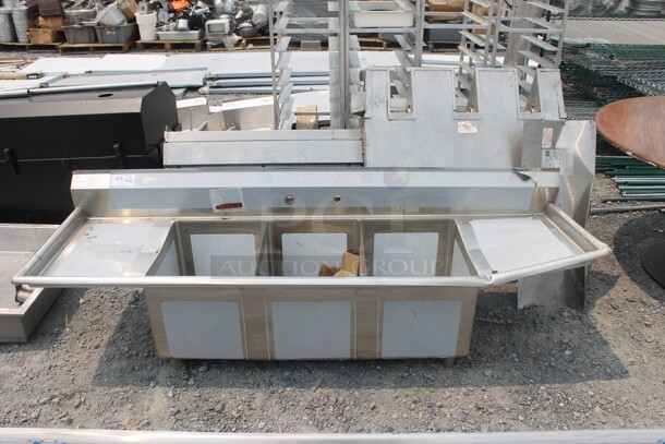 BRAND NEW SCRATCH AND DENT! Advance Tabco FC-3-1620-18LR Commercial Stainless Steel 3 Bay Sink With Left And Right Drainboards With Galvanized Legs