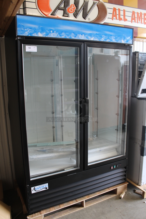 BRAND NEW SCRATCH AND DENT! 2023 Avantco 178GDC49HCB Black Metal Commercial 2 Door Cooler Merchandiser w/ LED Lighting and Poly Coated Racks. 115 Volts, 1 Phase. Tested and Working! - Image 2 of 12