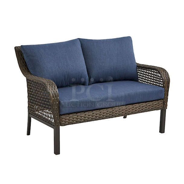 Mainstays Tuscany Ridge Outdoor 4 Piece Wicker Conversation Set, Blue. 4-piece patio furniture set includes a cushioned loveseat, two chairs, and a coffee table. Each chair measures 30.75"D x 30.75"W x 32.75"H; Loveseat measures 52"W x 30.75"D x 32.75" H; Coffee table measures 21.5"W x 38"D x 19.5"H. 2x Your Bid - Image 2 of 8
