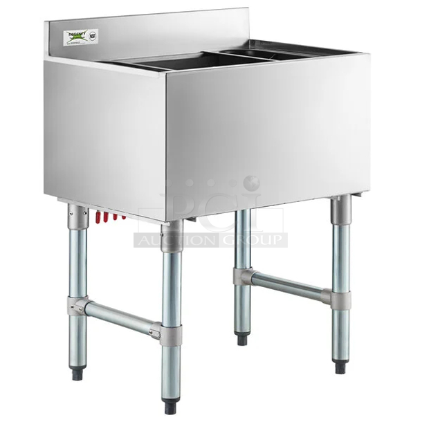BRAND NEW SCRATCH & DENT! Regency 18" x 24" Underbar Ice Bin with 7 Circuit Post-Mix Cold Plate and Bottle Holders - 51 lb. 24x18-1/2x33 Back Right Leg Is Damaged.  - Image 1 of 10
