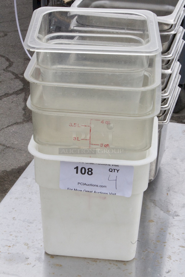 Ingredient Storage Bins. 4x Your Bid. (3) 4qt & (1) 1/6 Pan