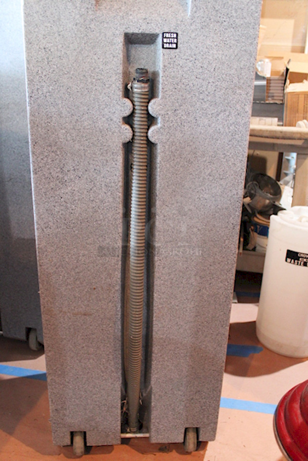 PERFECT! PolyJohn 15.5 Gallon Mobile Sink On  Heavy Duty Casters! 18" x 20" x 62"
Unit Can Accommodate: Fresh Water Tank Capacity: 15.5 gallons, Waste Water Tank Capacity: 19 gallons, Soap Dispenser Capacity: 30 oz., Includes Paper Towel Dispenser.  - Image 8 of 11