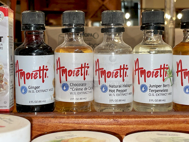 BREWER'S MONSTER LOT: 
Amoretti 2 FL OZ (60 ml) Extracts: Ginger W.S. EXTRACT #522, Chocolate "Crème de Cacao" W.S. Extract #72, Natural Habanero Hot Pepper W.S. Extract 689,  Juniper Berry Terpeneless O.S. Extract #663, Natural Roasted Peanut W.S. Extract #1356, Italian Hazelnut Liqueur Type
W.S. Extract #503, Natural Pumpkin Pie Sauce W.S. Extract 1285, Organolicious
Premium Blue Agave Nectar Amber 
Amoretti 4fl Oz: Cherry Marbleizing Swirl #SW12-V1, Pineapple Marbleizing Swirl #SW16, Mojito Marbleizing Swirl #SW27, Hazelnut Compound #336, Passion Fruit ARTISAN #ART1-NS, Red Sour Cherry COMPOUND #302-V1, Irish Coffee
COMPOUND #3087, Pineapple COMPOUND #301, Marshmallow W.S. EXTRACT #1010, Chai "Tea" COMPOUND #399, Lychee COMPOUND #384, Wine Blossom COMPOUND #3036, Pineapple ARTISAN #ART10, Coconut
SWIRL #SW17, Blood Orange SWIRL #SW383-VI, 
McCormick Coconut Extract
Beer Craft: Black Crown Caps, Calcium Carbonate, Gypsum x2, 
Pure: Calcium Sulfate Dihydrate Gypsum
Citric Acid & Calcium Chloride - Image 3 of 11
