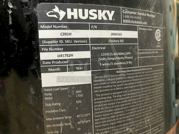 OUTSTANDING! Husky 20 Gal. 175 PSI Portable Electric Air Compressor. 120V/15.0A/60H2/1PH - Image 3 of 10