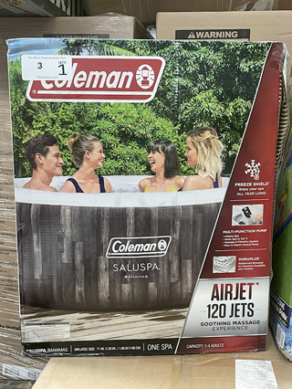 OUTSTANDING! Coleman 71" x 26" Saluspa Bahamas AirJet Spa Outdoor Inflatable Hot Tub. Contents: 1 spa, 1 cover, 1 pump, 1 ChemConnect dispenser, 1 filter cartridge (VI), 1 repair patch.