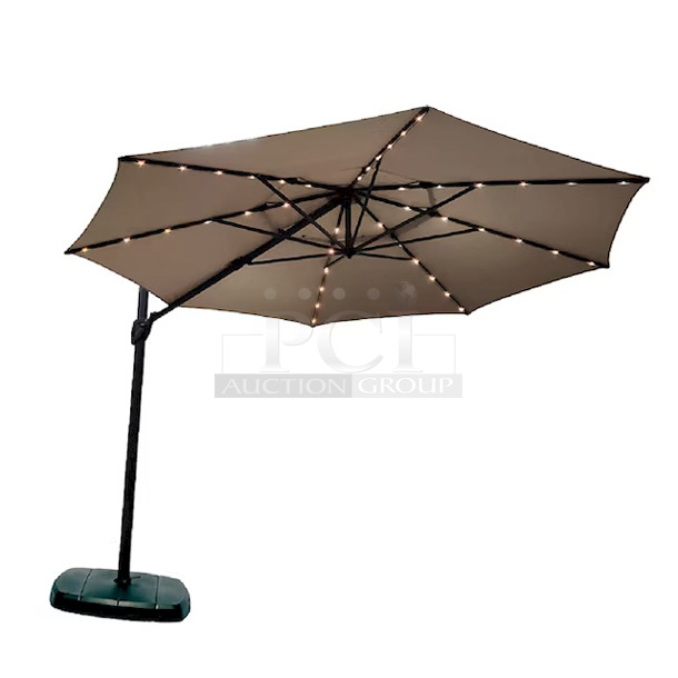 SimplyShade 11-ft 42-LED Light Cantilever Umbrella with Base, Solar/AC Powered. Color: Greige. Includes: 120 volt AC Adapter Cord. 360-Degree pivoting Hub W/ Foot Pedal To Swing Canopy Horizontally. 11-ft x 11-ft x 8.32-ft - Image 6 of 12
