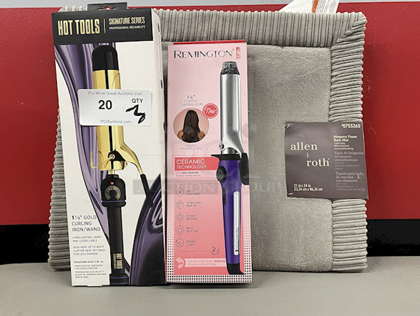 BEAUTY & COMFORT!! [1] Remington 1-1/4" Ceramic Cupped Curling Iron, [1] Hot Tools Signature Series Professional 1-1/2" Gold Curling Iron/Wand & [1] Allen + Roth 21”x34” Memory Foam Bathmat.  - Image 1 of 4