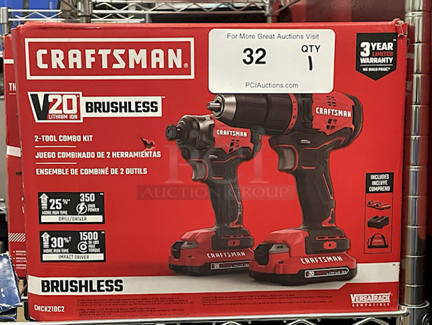 SWEET DEAL!! Craftsman СМСК210C2 V20 Lithium Ion Brushless 2 Tool Combo Kit. Kit Includes: (1) Drill/Driver (1) Impact Driver W/ 1500 in-lbs Max Torque, (2) Batteries, (1) Charger, (1) Carry Case.