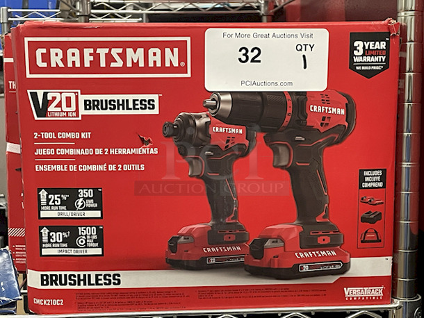 SWEET DEAL!! Craftsman СМСК210C2 V20 Lithium Ion Brushless 2 Tool Combo Kit. Kit Includes: (1) Drill/Driver (1) Impact Driver W/ 1500 in-lbs Max Torque, (2) Batteries, (1) Charger, (1) Carry Case. - Image 1 of 1