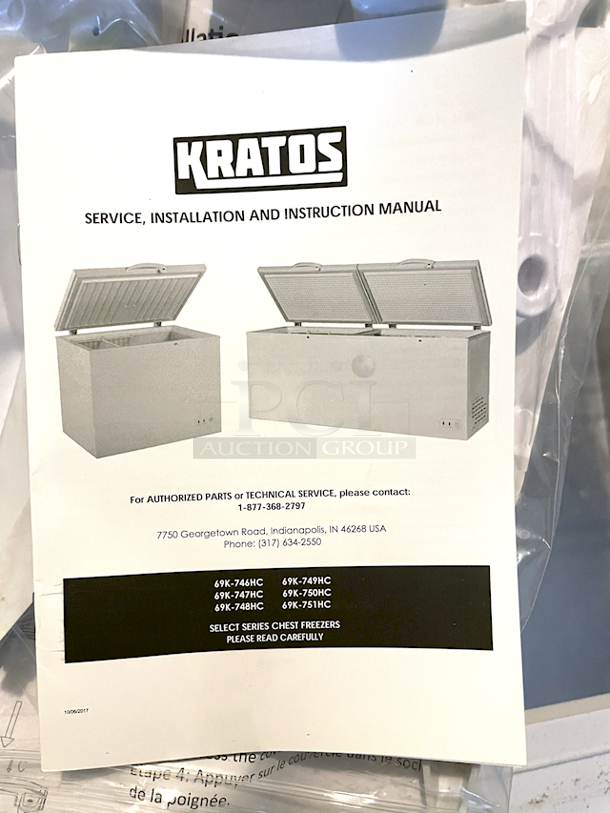 NEW! Kratos Refrigeration 69K-750HC Solid Top Chest Freezer, 23.6 Cu. Ft. Capacity, 120v. Includes Manual, Baskets and Locking Handles - 78.75 x 29.75 x 33-5/8 - Image 4 of 4