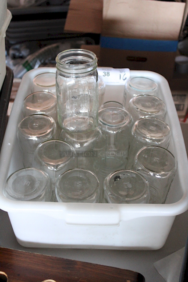 REGULAR SIZE DRINKS! Kerr 503 16 oz. Pint Regular Mouth Glass Mason Jars & Bus Tub. 16x Your Bid - Image 1 of 3