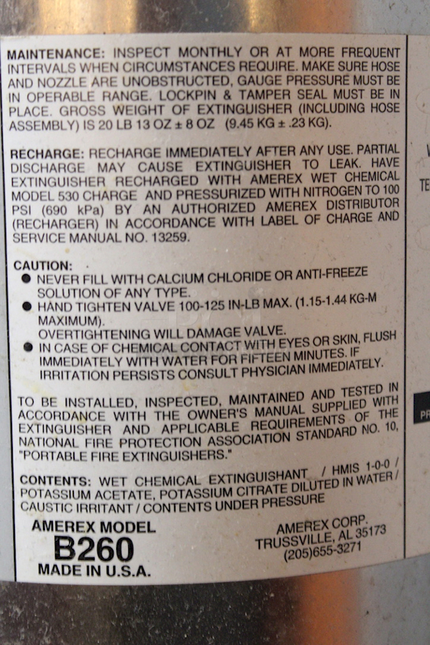 KITCHEN NECESSITY! Amerex B260, 6 Liter Stored Pressure Wet Chemical Fire Extinguisher For Use On Cooking Appliances
 - Image 3 of 4