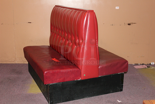 OUTSTANDING! Ruby Red Button Tufted Double Booth Seating, Fully Upholstered, Heavy Duty Hardwood Frame and Removable Seat - 46x46x42 - Minor cosmetic damage from wear.