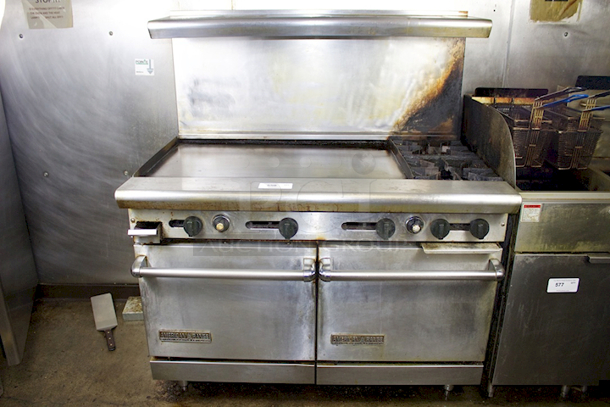 IN GREAT CONDITION! American Range AR-36G-2B-NG 48" 2 Burners & 36" Griddle Heavy-Duty Restaurant Range with 2 Standard Ovens & Adjustable Bullet Feet - Natural Gas 178,000 BTU - Image 1 of 5