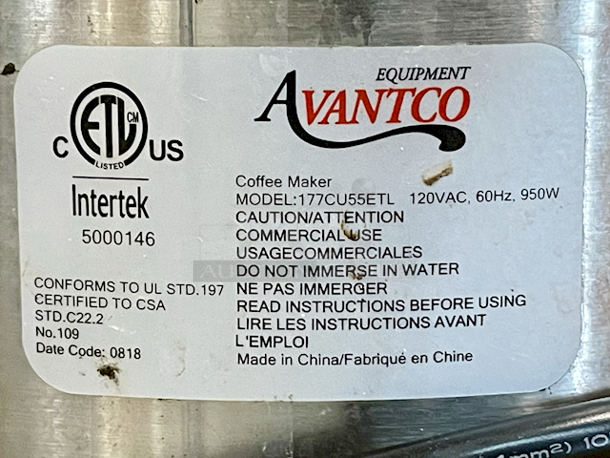 WHAT A STEAL!! Avantco 177CU55ETL 45 Cup (225 oz.) Double Wall Coffee Urn, 120VAC, 60Hz, 950W, 9”x9”x17”  - Image 3 of 3