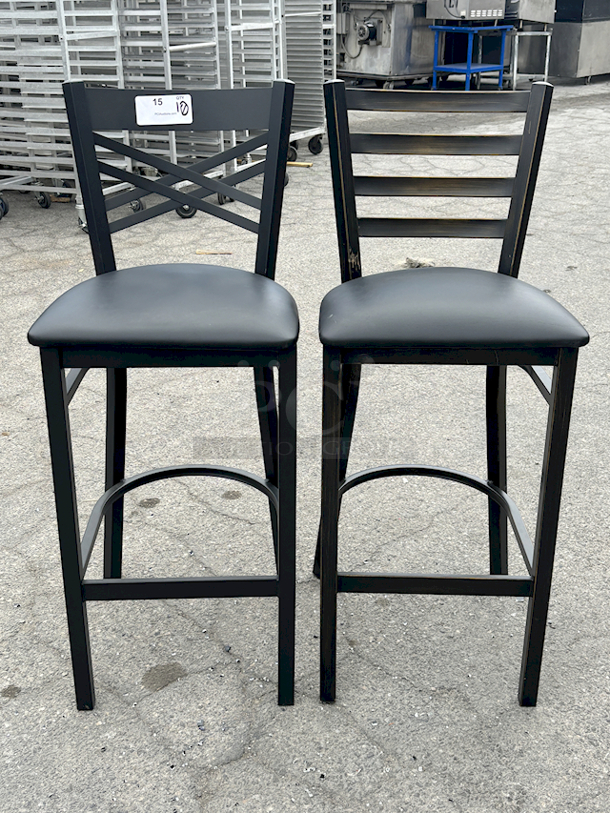 BRAND NEW SCRATCH & DENT! Lancaster Table & Seating (10) Black Finish Cross Back & (1) Distressed Copper Finish Ladder Back Bar Stools with 2 1/2" Navy Vinyl Padded Seat. 11x Your Bid  - Image 5 of 12